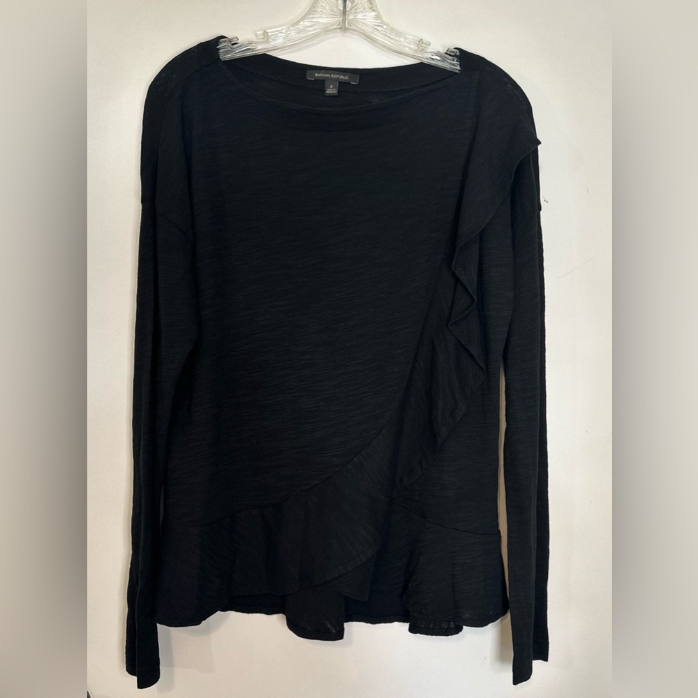 Banana Republic‎ Black Longsleeve Ruffled Front Bottom Cotton Modal Size Small